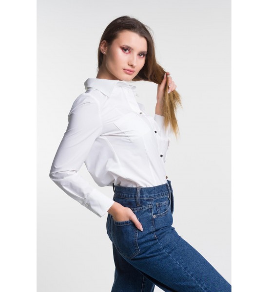 Бяла класическа дамска риза с дълъг ръкав 821405-2 от Popov.Fashion