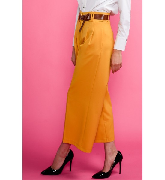 Жълт дамски панталон с широки крачоли и 7/8 дължина 122502-4